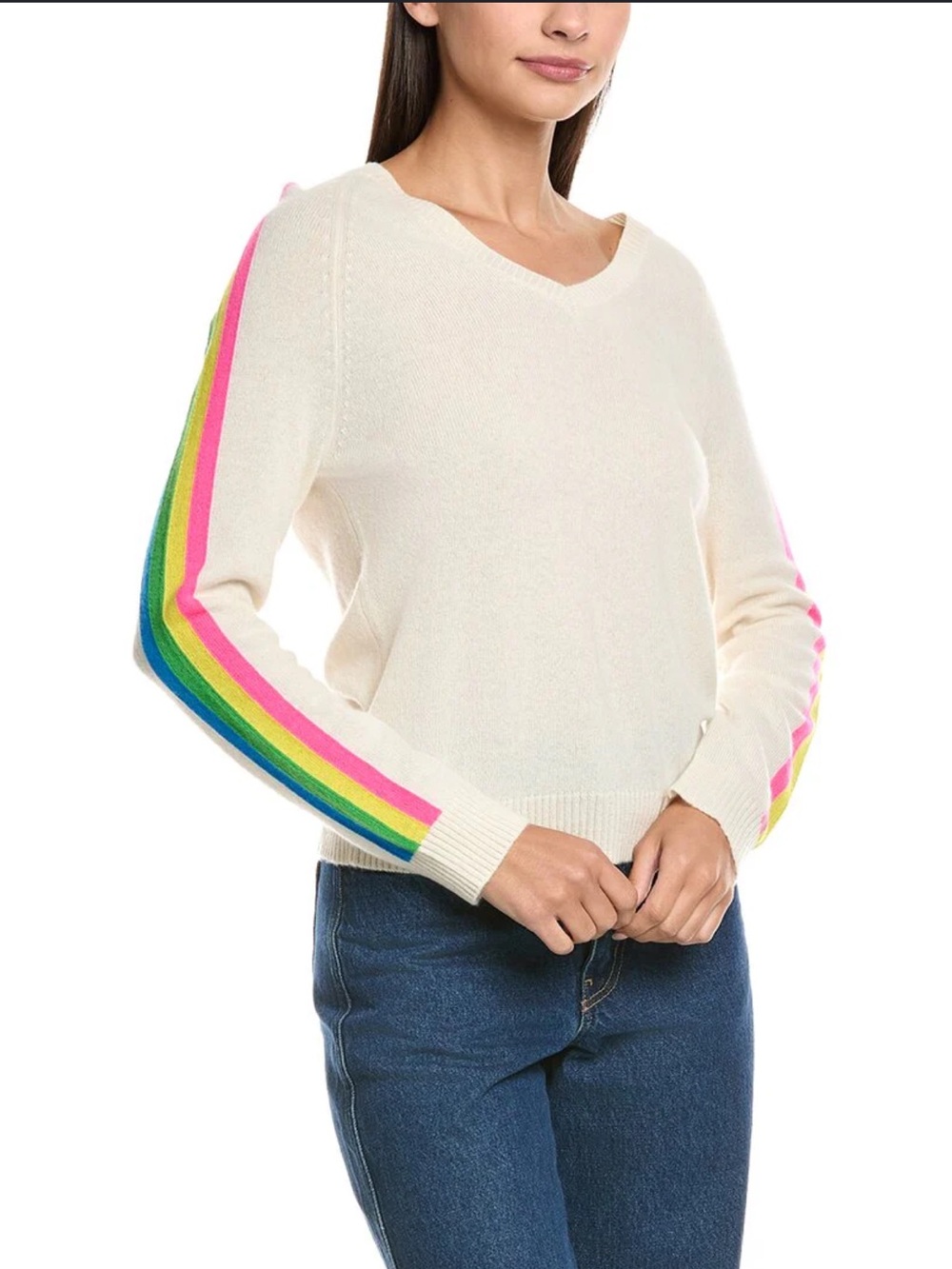 Cream Knit Sweater with Multicolor Stripe Sleeve - Women medium